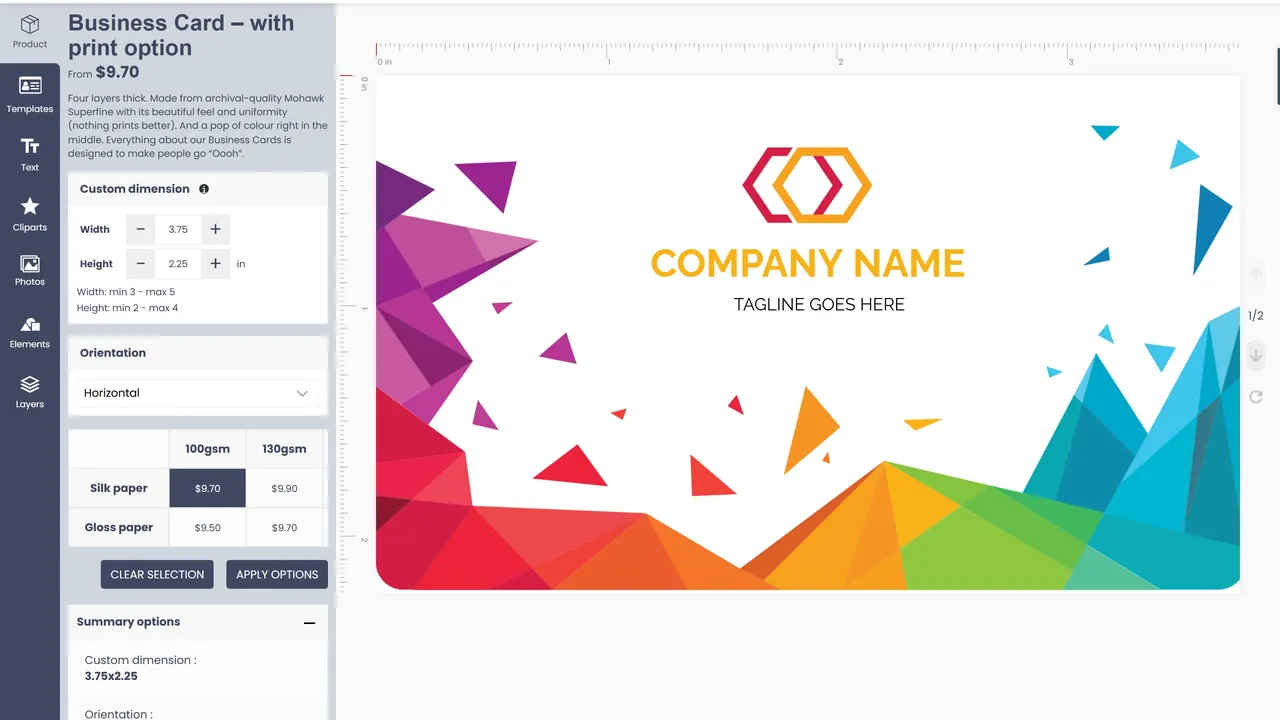 Cmsmart designer for a business card with print options for dimension, orientation and paper