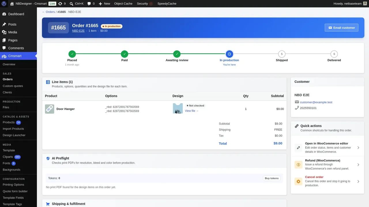 WooCommerce order in the Cmsmart admin with the customer design and production timeline