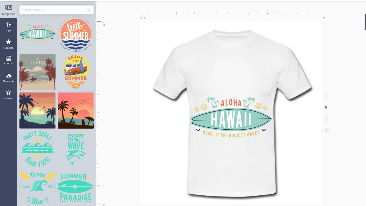 Cmsmart designer with the template panel open beside a T-shirt with a surf graphic