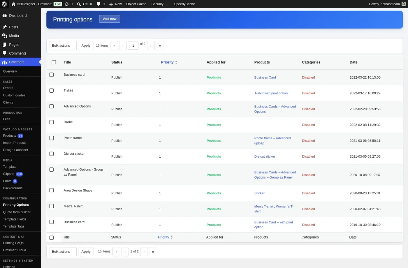 List of print option sets in the Cmsmart admin with the products they apply to