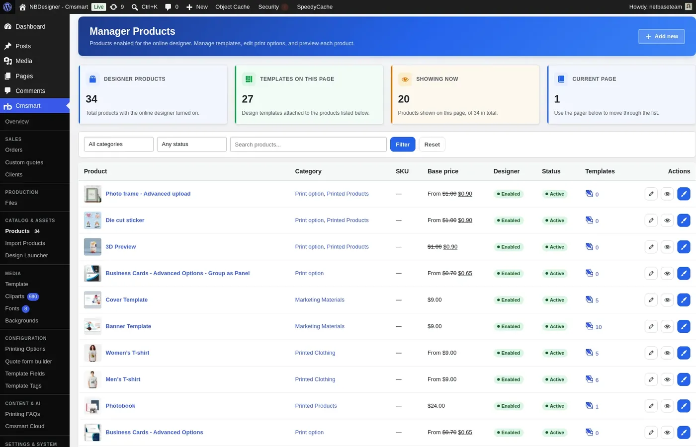 Manager Products screen listing products with designer, templates and status