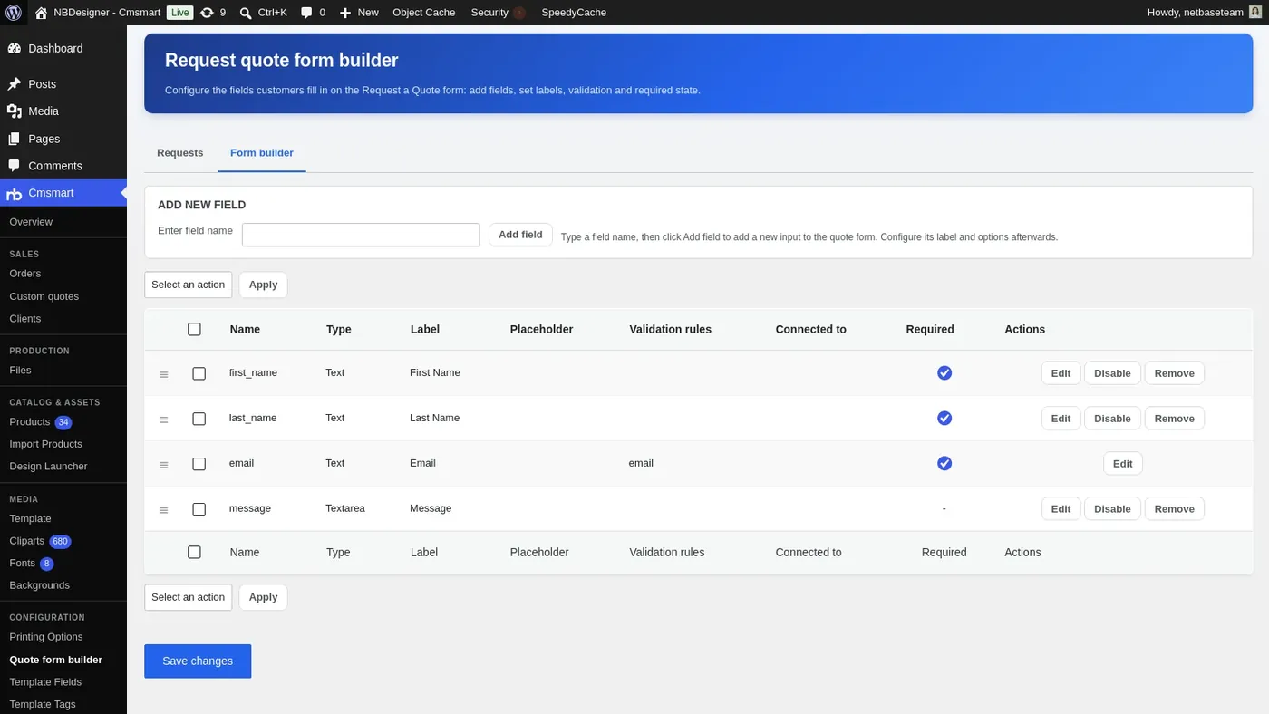 Request quote form builder with name, email and message fields