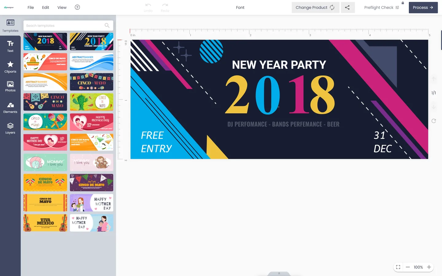 Cmsmart Product Designer editing a party banner with a template library on the left