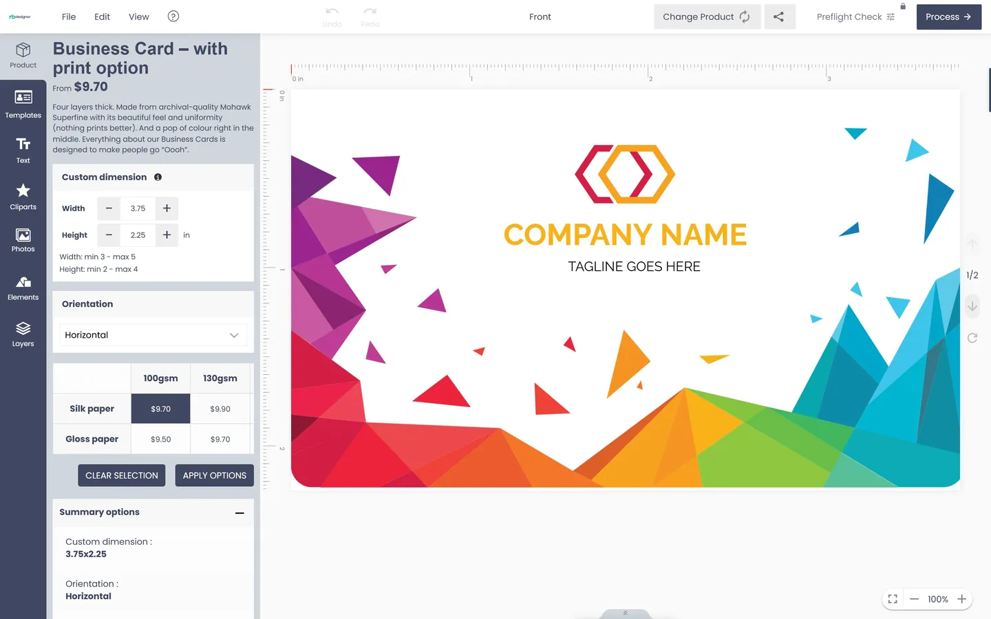 The Cmsmart designer with print options beside a business card design