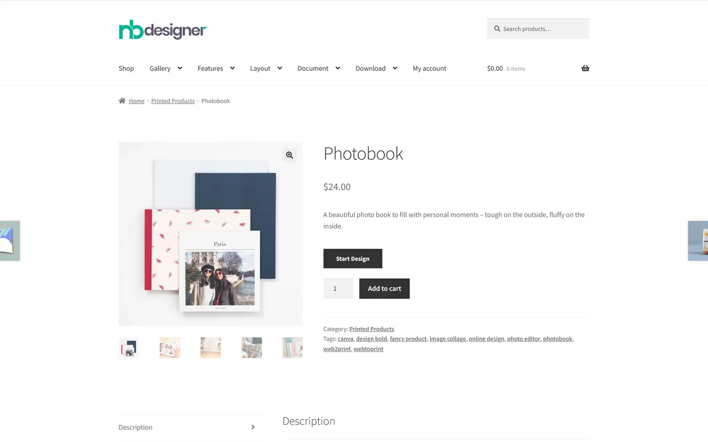 Photobook product page in the Cmsmart designer with page thumbnails