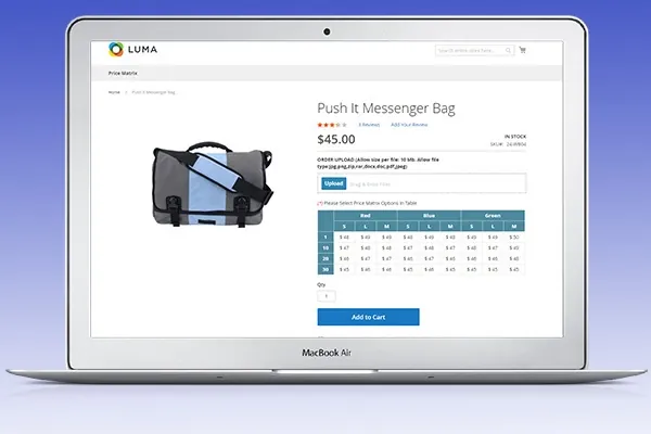 Product page with a quantity and size price matrix for a printed bag