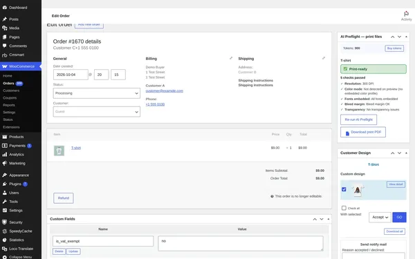 Staff accept the customer design on the WooCommerce order