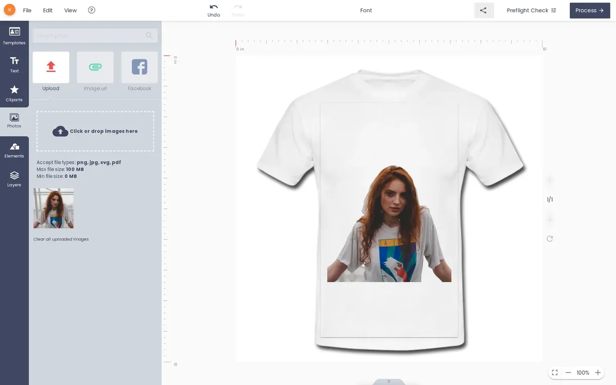 Online T-shirt designer showing a cut-out portrait placed on a white T-shirt with no photo background