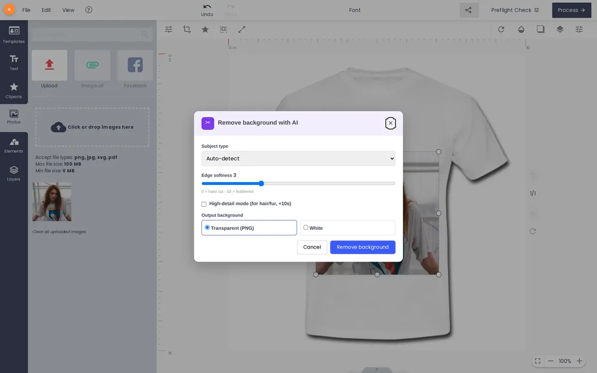 Choose the options. Remove background with AI: subject type, edge softness, high-detail mode and transparent or white output.