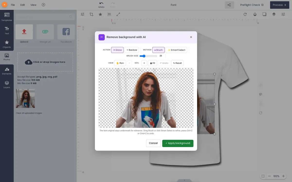 Cut-out and refine. The AI cut-out on a transparent grid with Erase, Restore and Smart Select to clean the edge before applying.