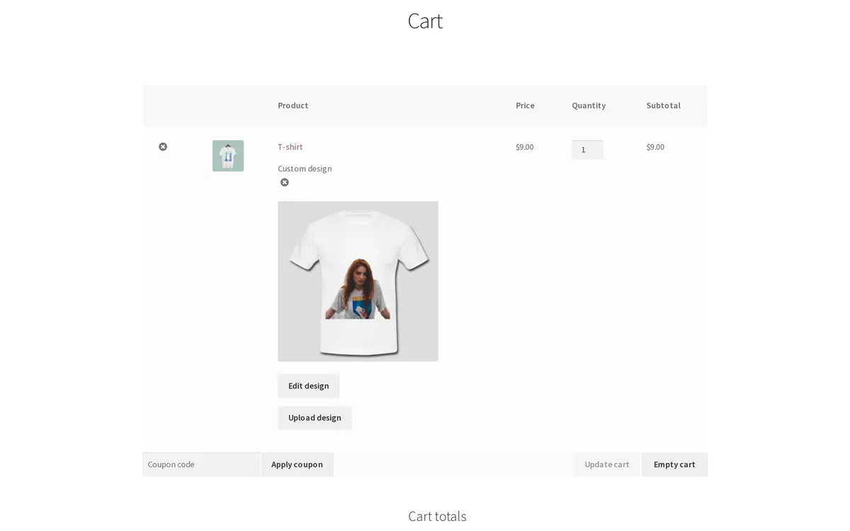 The cart keeps the design. The cart line shows the buyer's custom design with Edit design.