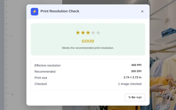 Print Resolution Check dialog in the Cmsmart designer showing the effective resolution against the recommended 300 DPI