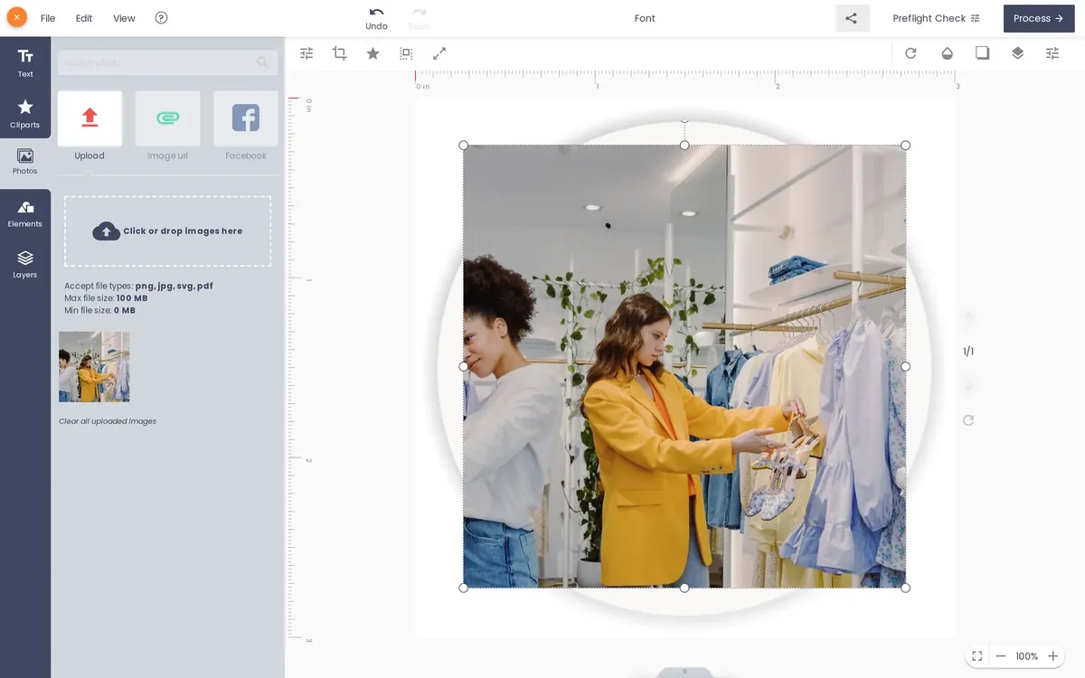 Online designer showing a photo badge with an upscaled customer photo ready to process
