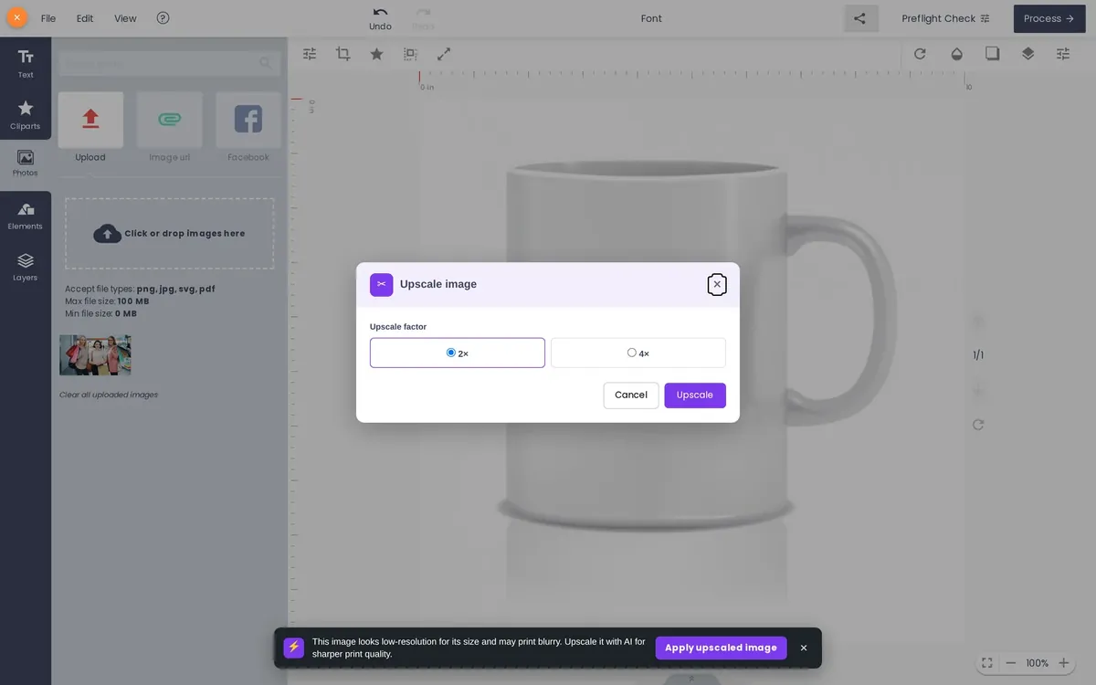 Choose 2x or 4x. Upscale image on a mug: 2x or 4x for a 640 x 360 px photo, with the low-resolution notice visible.