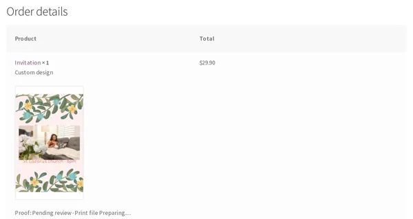 Order received for an invitation with the customer's design thumbnail and the status Proof pending review