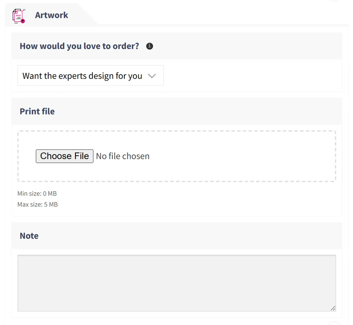 Artwork step in the option form