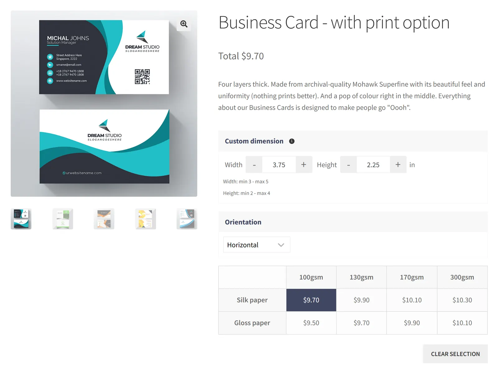 Business Card - with print option, one of the sample products, with custom dimension and a paper by weight price matrix