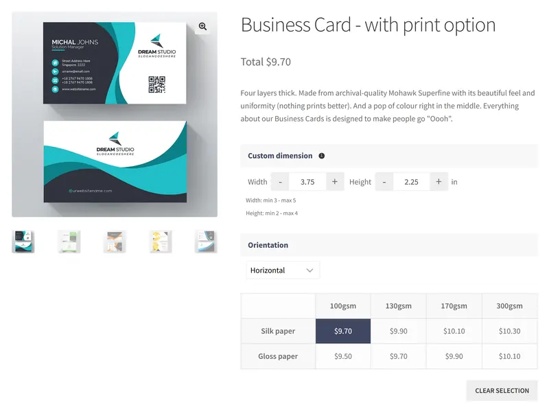 Business card product page with custom width and height, orientation and a paper by weight price matrix, Cmsmart Pricing Options on the demo store