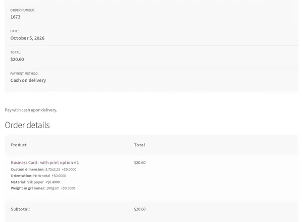 Order received page for a business card listing custom dimension, orientation, material and paper weight