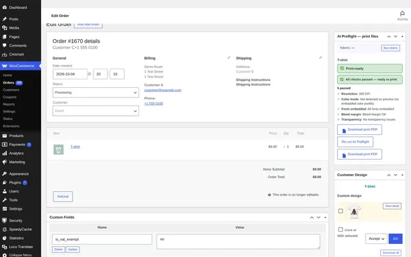 WooCommerce order screen with the AI Preflight panel showing a print-ready file and Download print PDF buttons