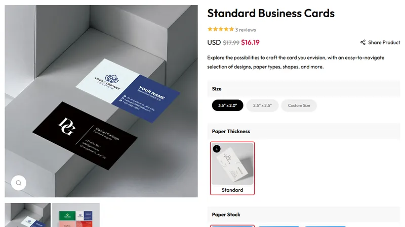 Business cards product page with size and paper options on a live client print store