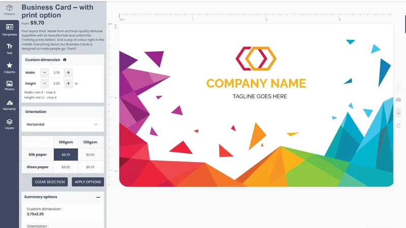 Business card product in the online designer with size and paper options