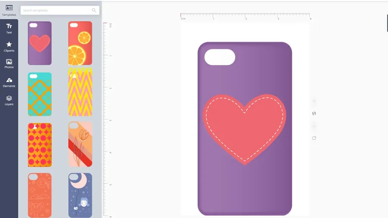 Product designer editor showing a purple phone case with a heart design and a pattern template panel, illustrating the move from Lumise to Cmsmart