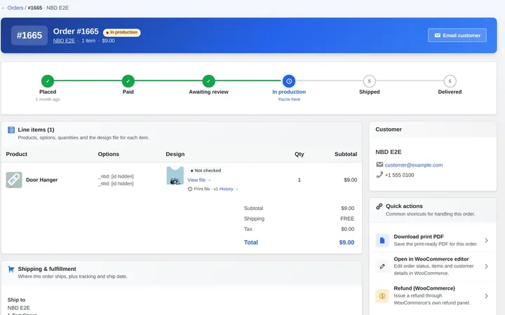 Order screen with the design per line: Fulfilment