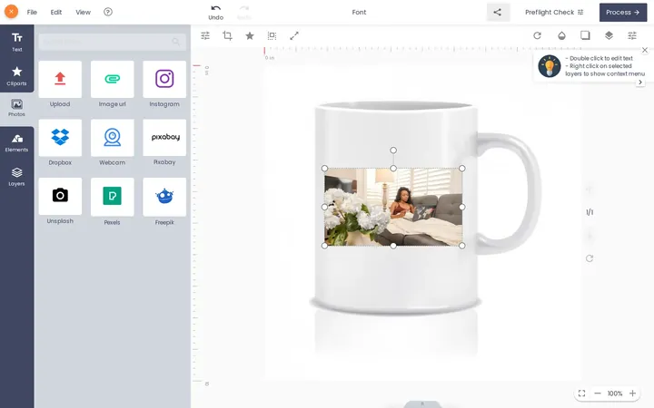 Cmsmart designer on a mug with the upload panel: upload, image URL, Instagram, Dropbox, webcam and stock photo sources