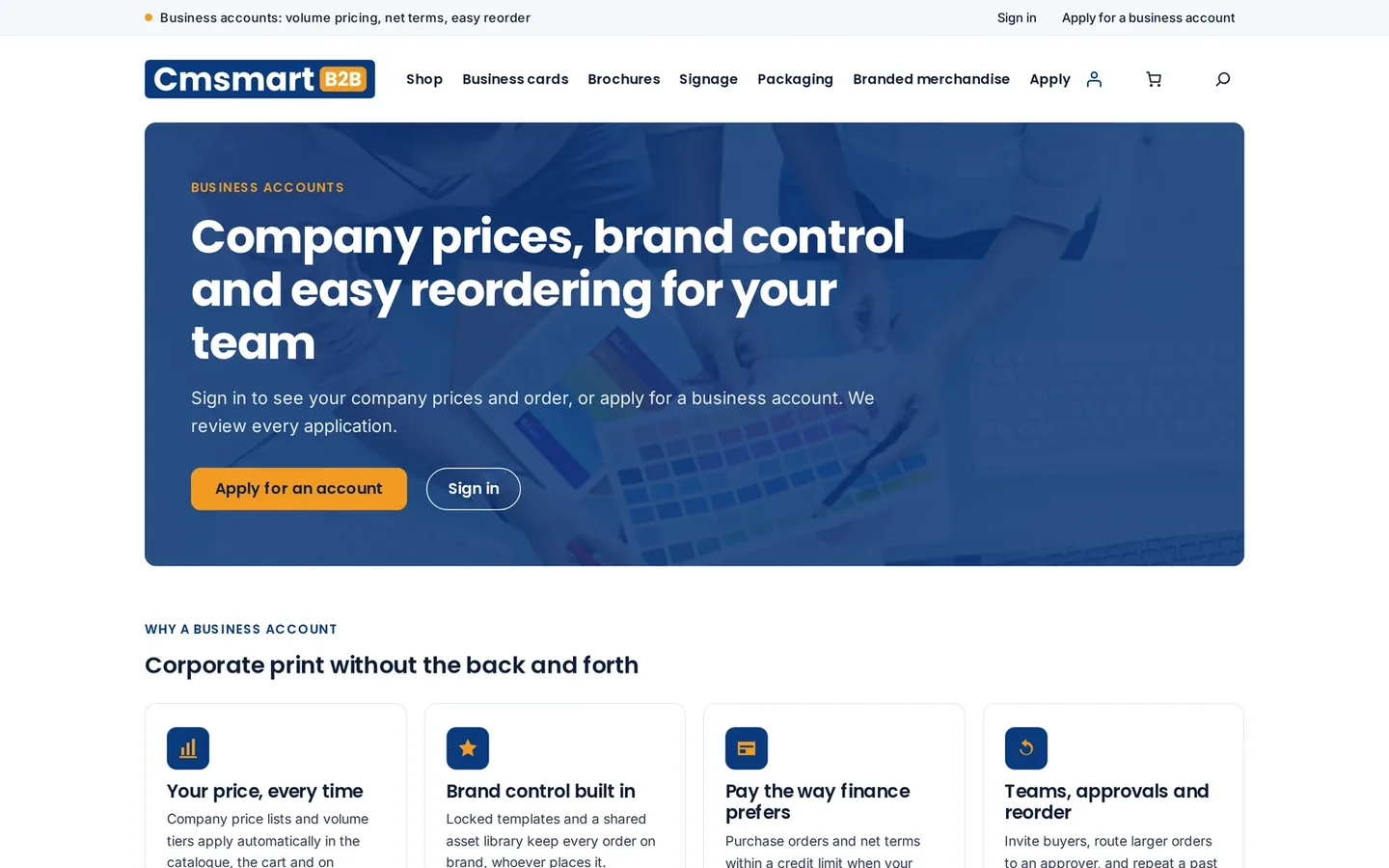 Cmsmart B2B Store home page with business account sign-in and a menu of print and branded merchandise categories