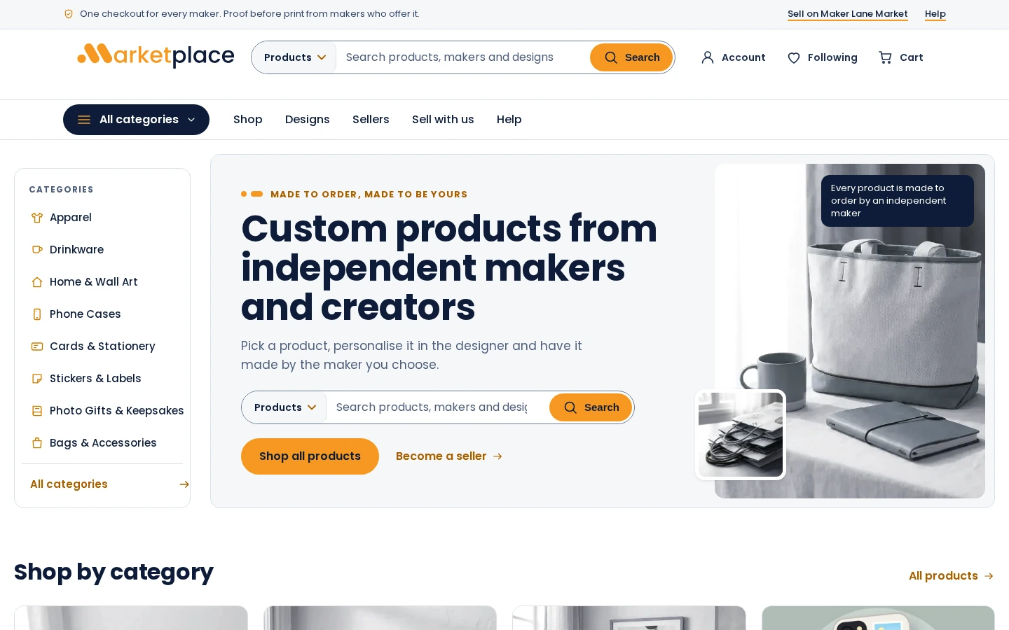 Cmsmart Marketplace Store home page with a category rail, a search for products, makers and designs, and a hero for custom products from independent makers