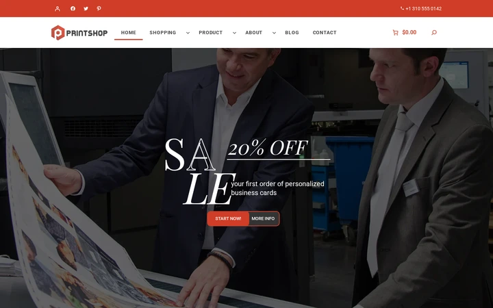Cmsmart Parallax Store home page with a full-width print shop photo hero, a SALE 20% OFF offer and a red top bar