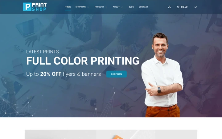 Cmsmart Printing Store home page with a photo hero, a translucent menu bar and a Shop now button