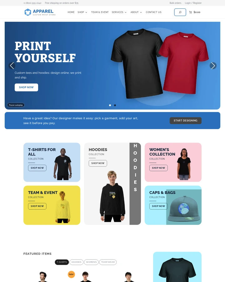 Cmsmart Custom Apparel Store home page