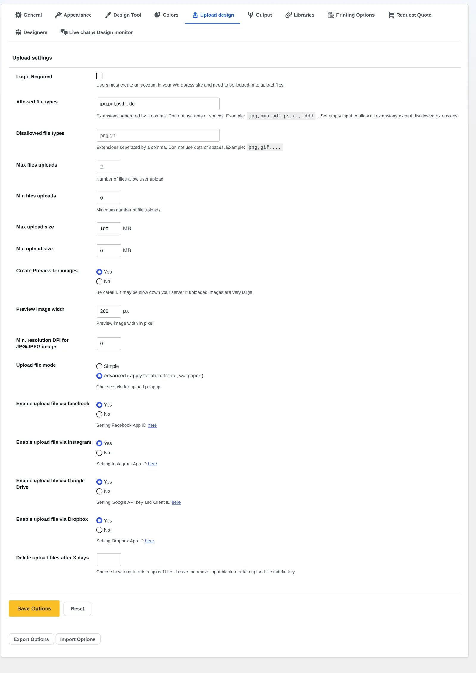 Cmsmart Upload design settings: allowed file types, max upload size and minimum DPI