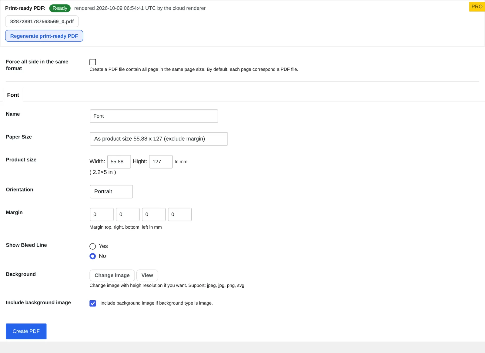 Print-ready PDF status rendered by the cloud renderer for a WooCommerce order