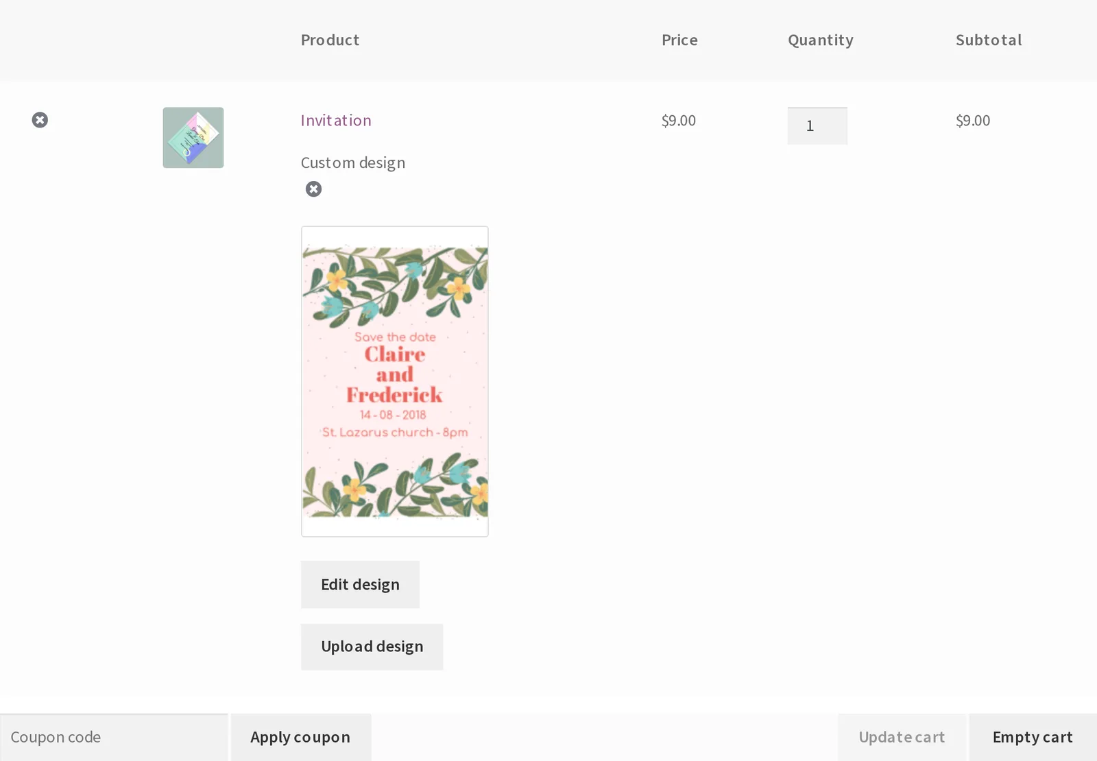 WooCommerce cart line item showing the saved design preview and Edit design link