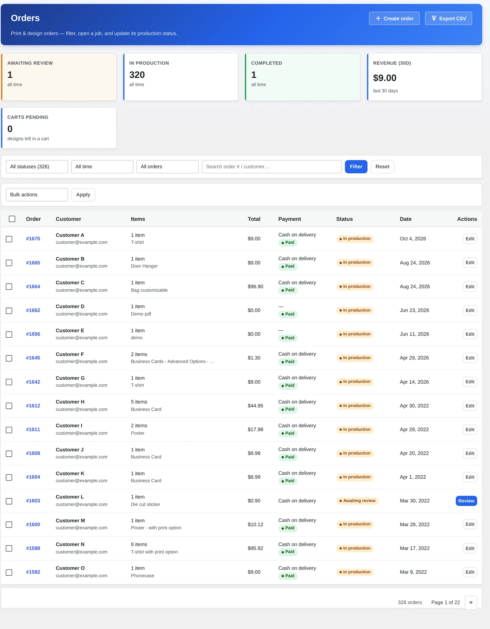 Cmsmart Orders dashboard listing every design order with its production status