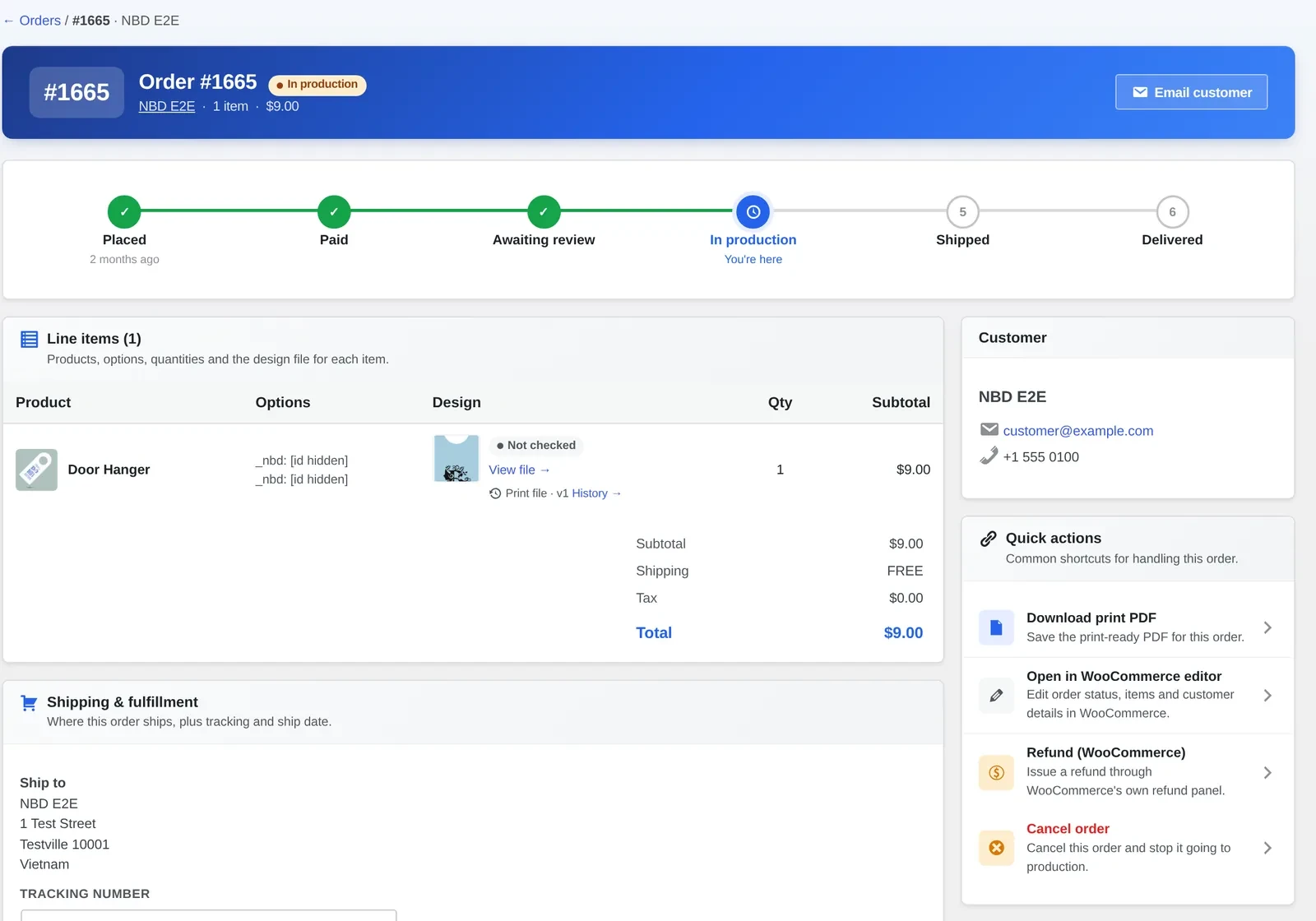 WooCommerce order detail screen showing the production timeline from Placed to Delivered and a Download print PDF quick action