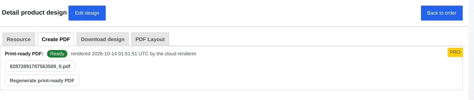 Create PDF tab showing Print-ready PDF: Ready, rendered by the cloud renderer, with a Regenerate print-ready PDF button