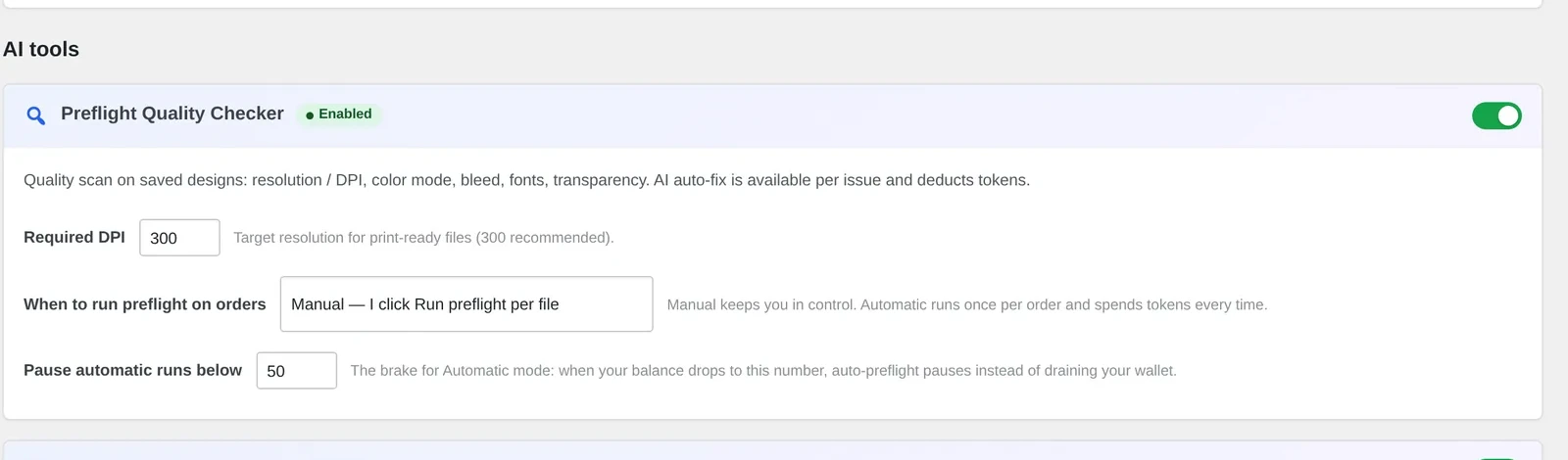 Cmsmart Cloud AI Preflight Quality Checker scanning saved designs for resolution, color mode, bleed and font issues