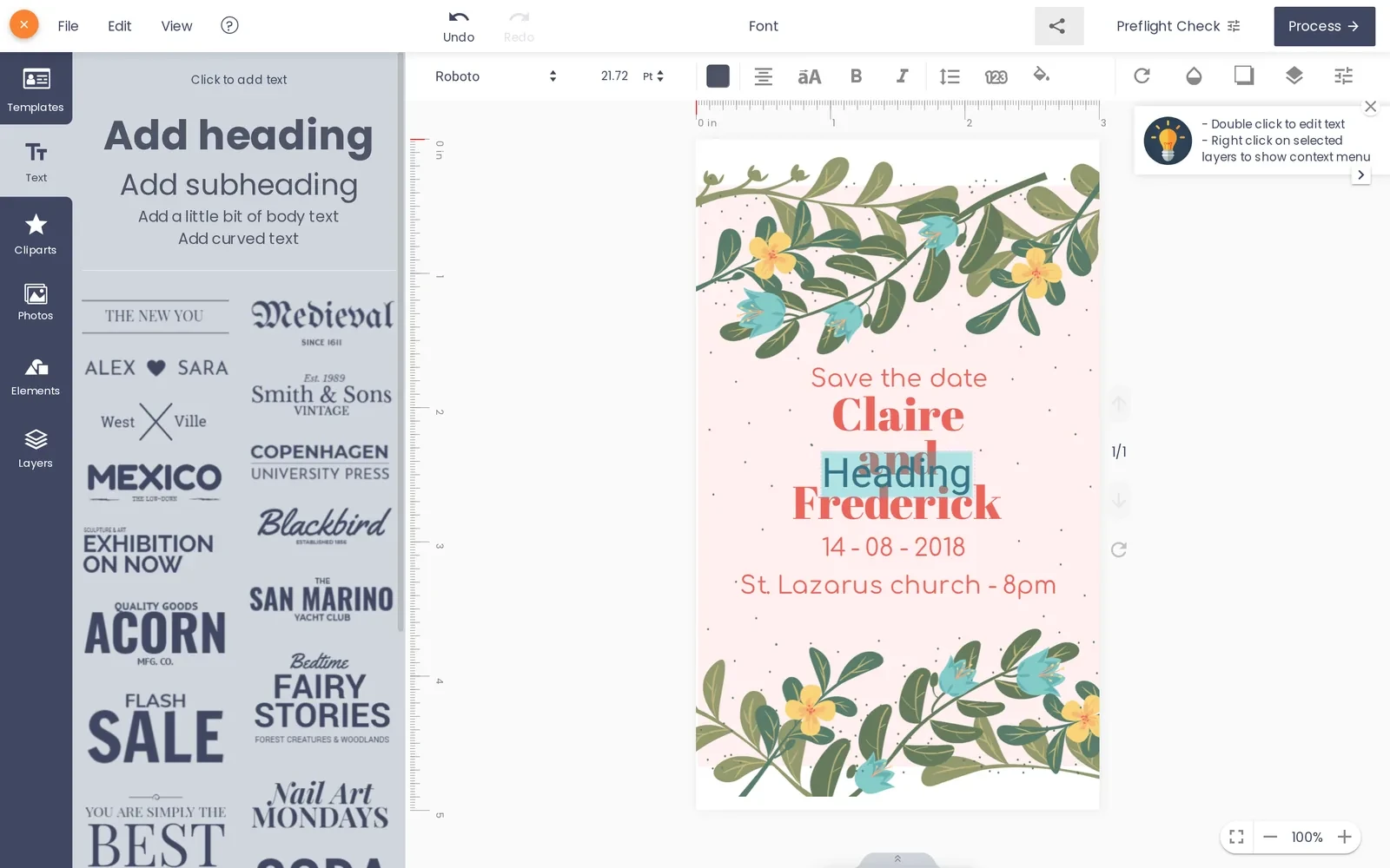Online designer toolbar for a selected text layer showing font, alignment and a dark fill-color swatch icon