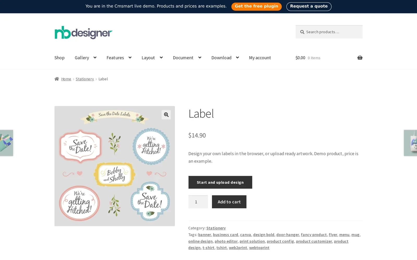 Label product page on the Cmsmart demo store with the Start and upload design button