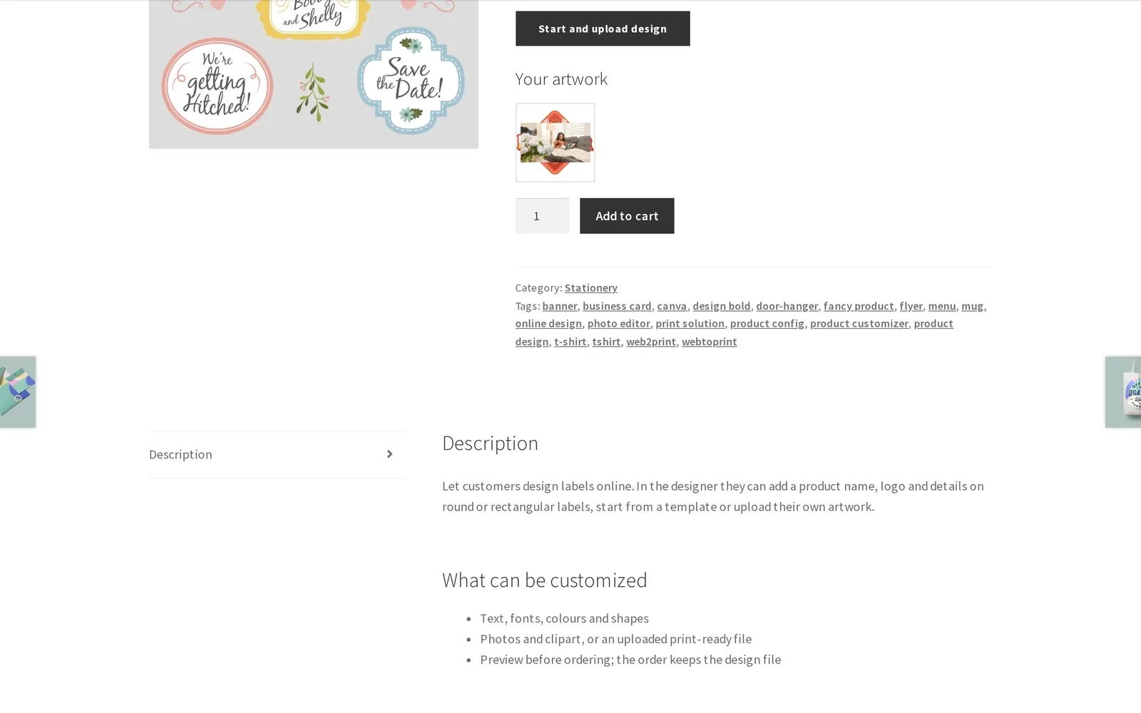 Saved label design shown as Your artwork next to Add to cart