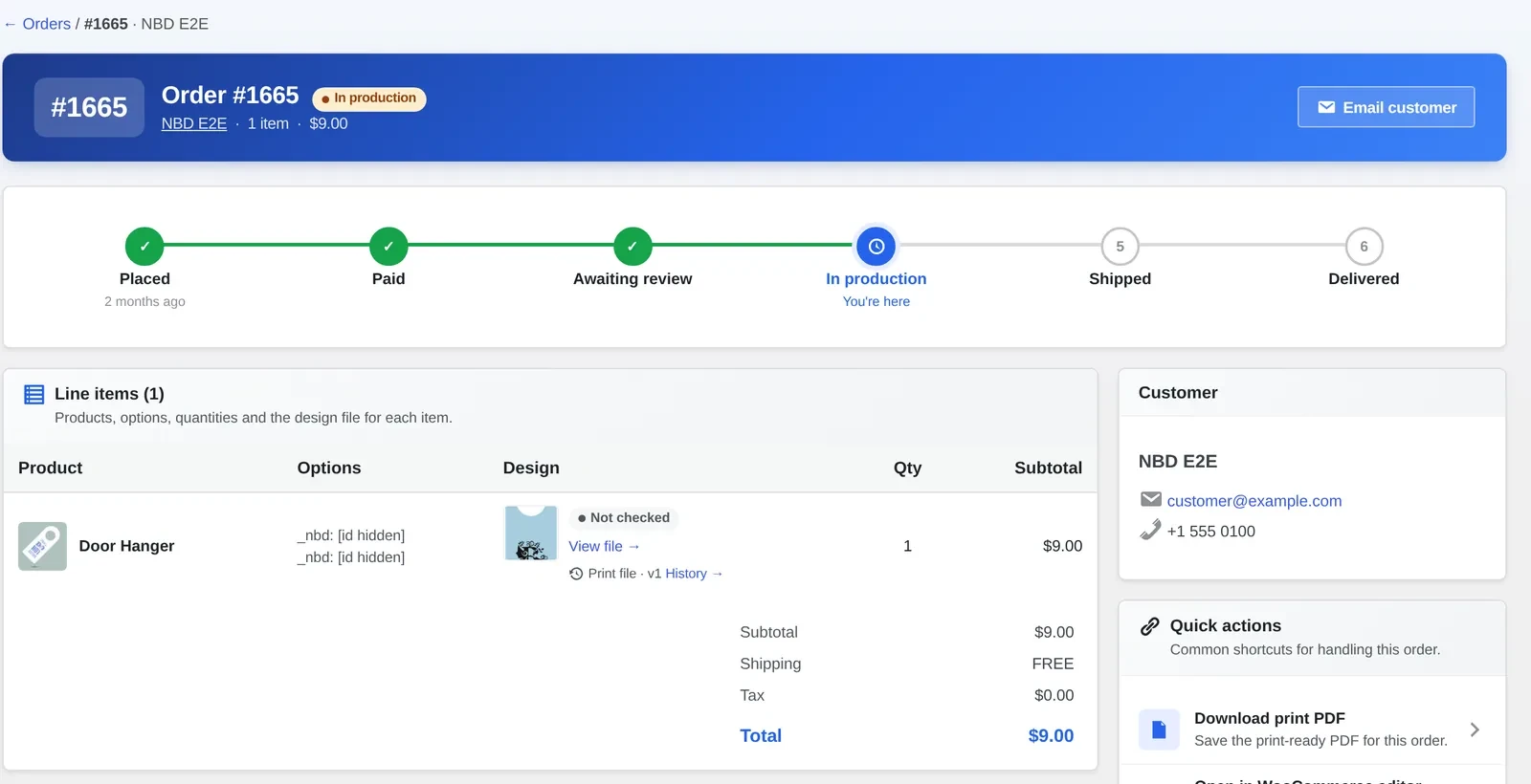 Order dashboard showing the production timeline and the design file's check status