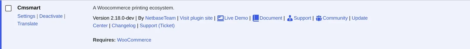 Cmsmart Product Designer (NBDesigner) active on the WordPress Plugins screen with its version number