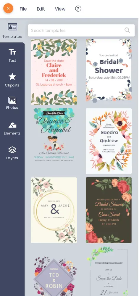 Online designer left panel showing the Templates, Text, Cliparts, Photos, Elements and Layers tabs that make up the clipart library plugin for WooCommerce