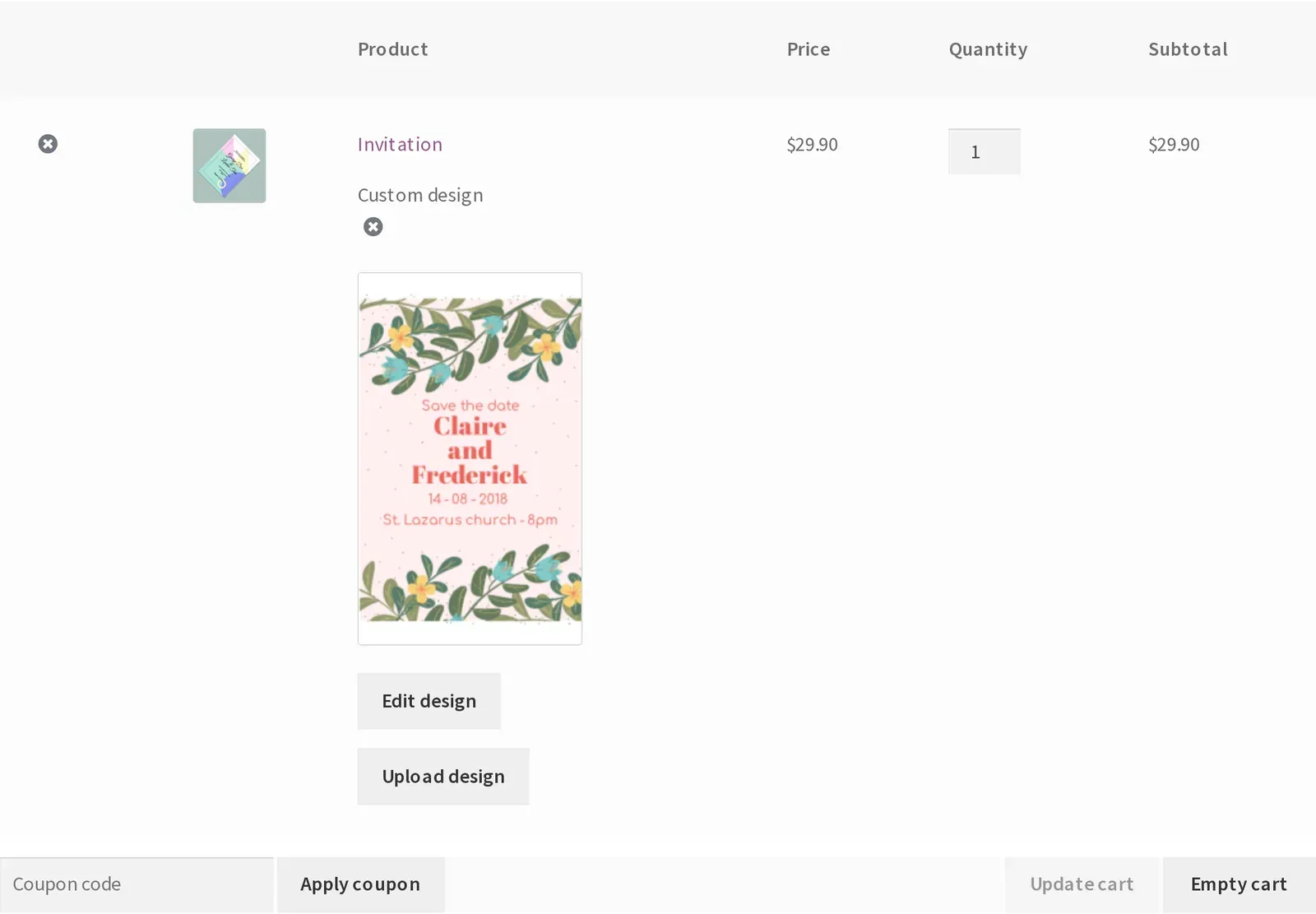 WooCommerce cart line item carrying the shopper's custom design preview with Edit design and Upload design links