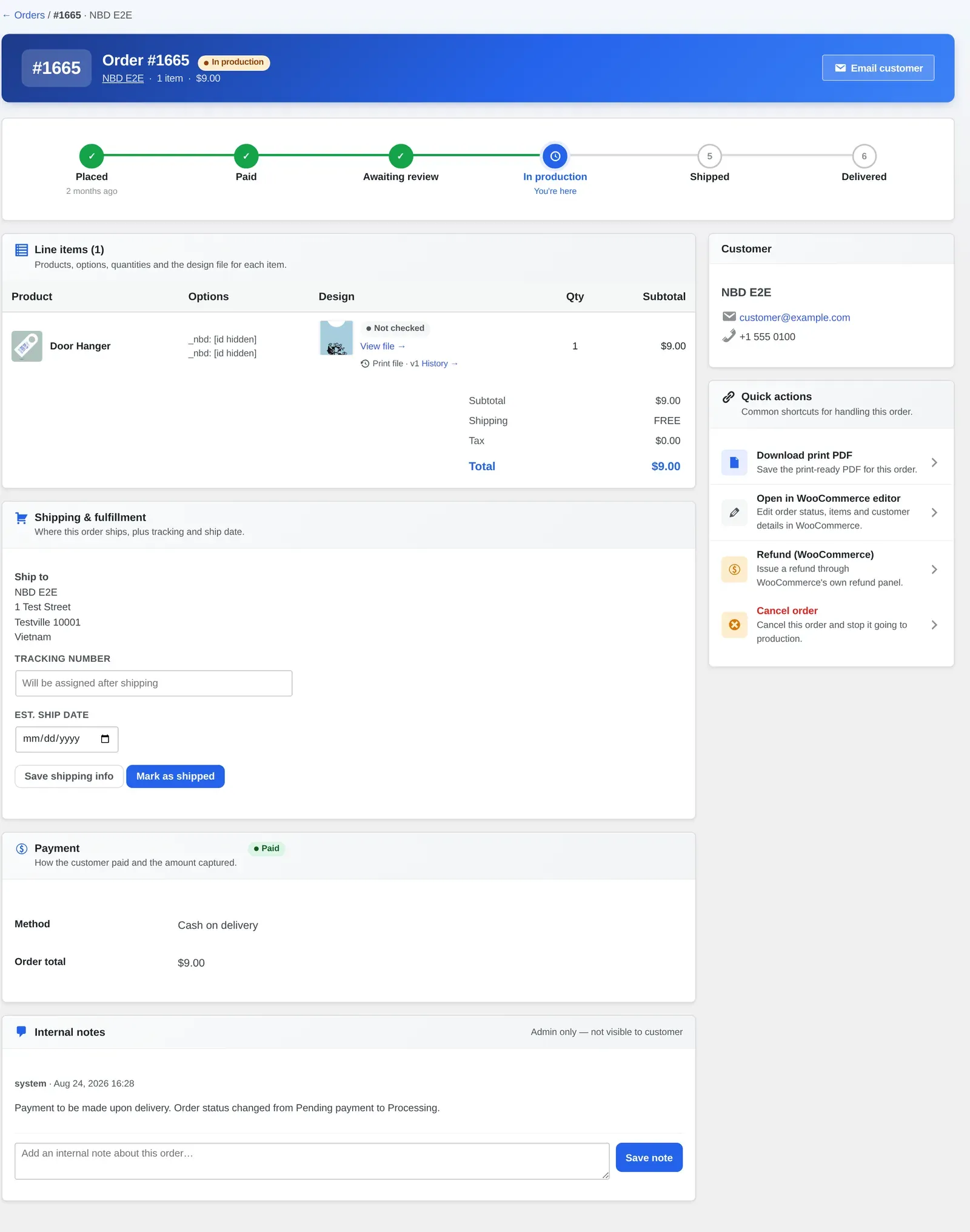 Admin order detail screen showing the production timeline and the line item's design file after checkout