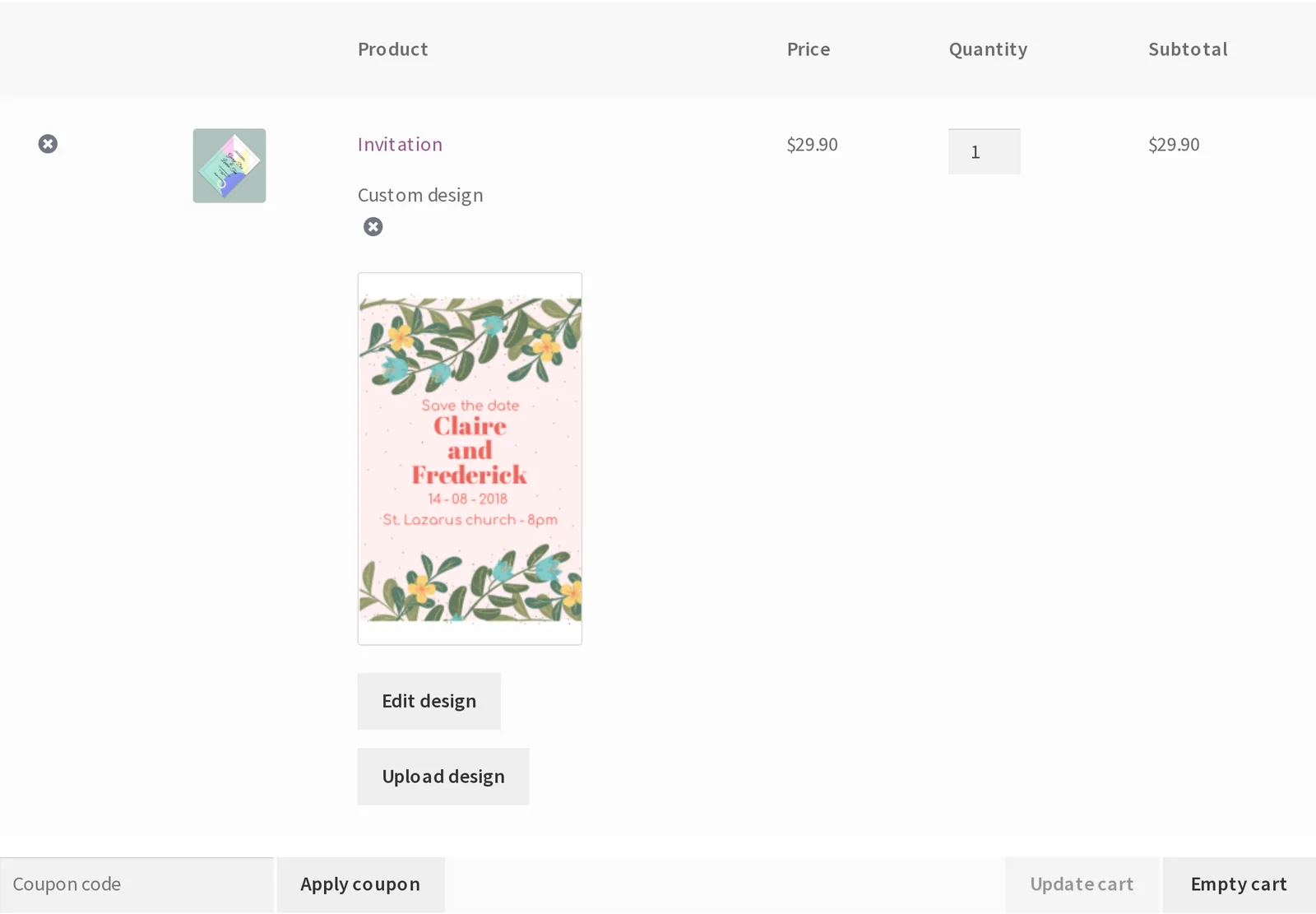 WooCommerce cart showing a custom invitation line item with the shopper's saved design preview and an edit-design link